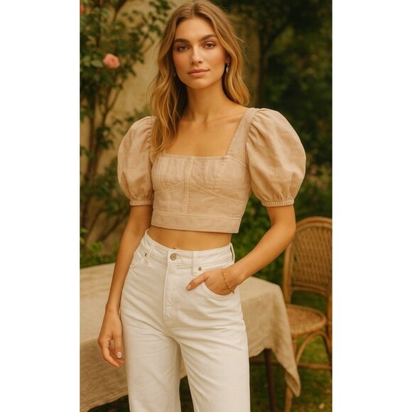 Ulla Johnson Renee Puff Sleeve Crop Top Pink Linen Blend Blouse Women’s Size 10 - Picture 1 of 12